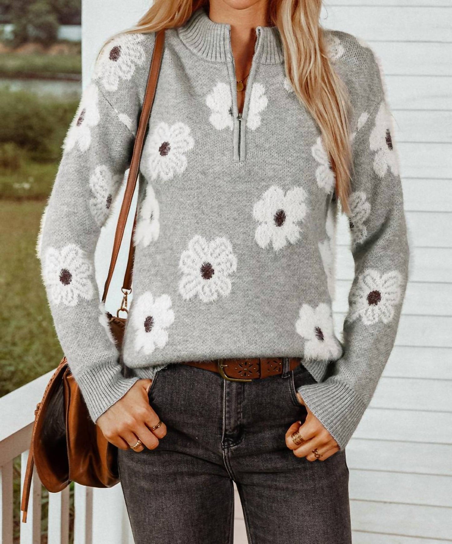Fashionworks - Floral Half Zip Drop Shoulder Sweater