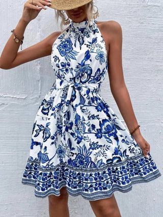 Trendsi - Printed Tie Waist Mini Dress