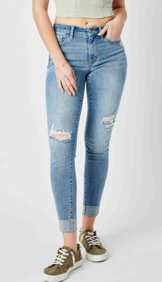Judy Blue - Calça Jeans Skinny Destroy e Punho de Cintura Média