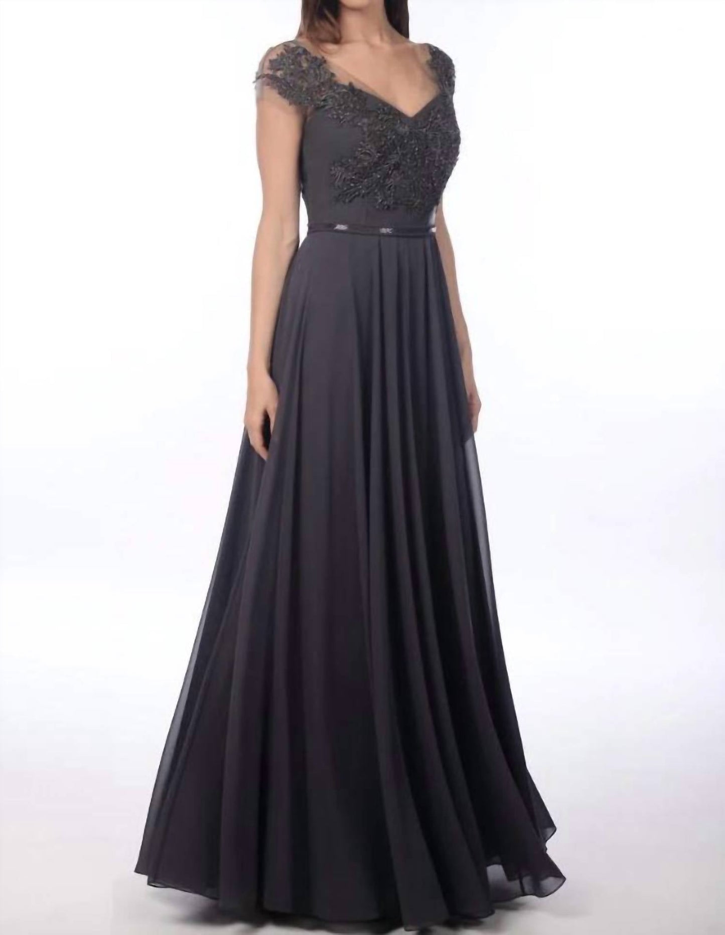 Alexander By Daymor - Beaded Illusion Cap Sleeve Gown