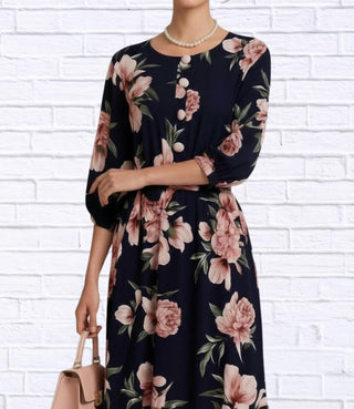 Diva Usa - Floral Midi Dress With Belt And Side Pockets