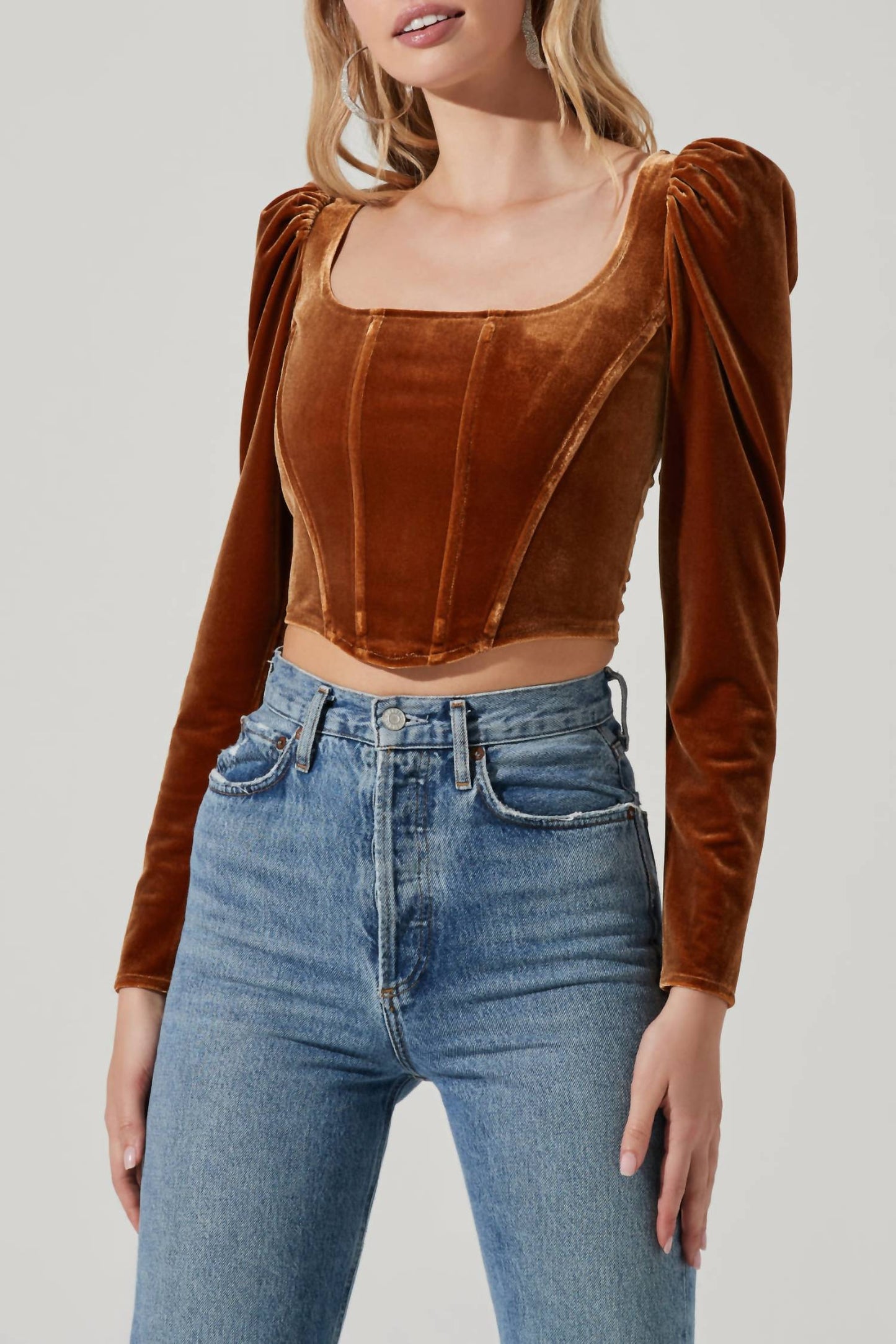 Astr - Velvet Long-sleeve Corset Top With Smocked Back