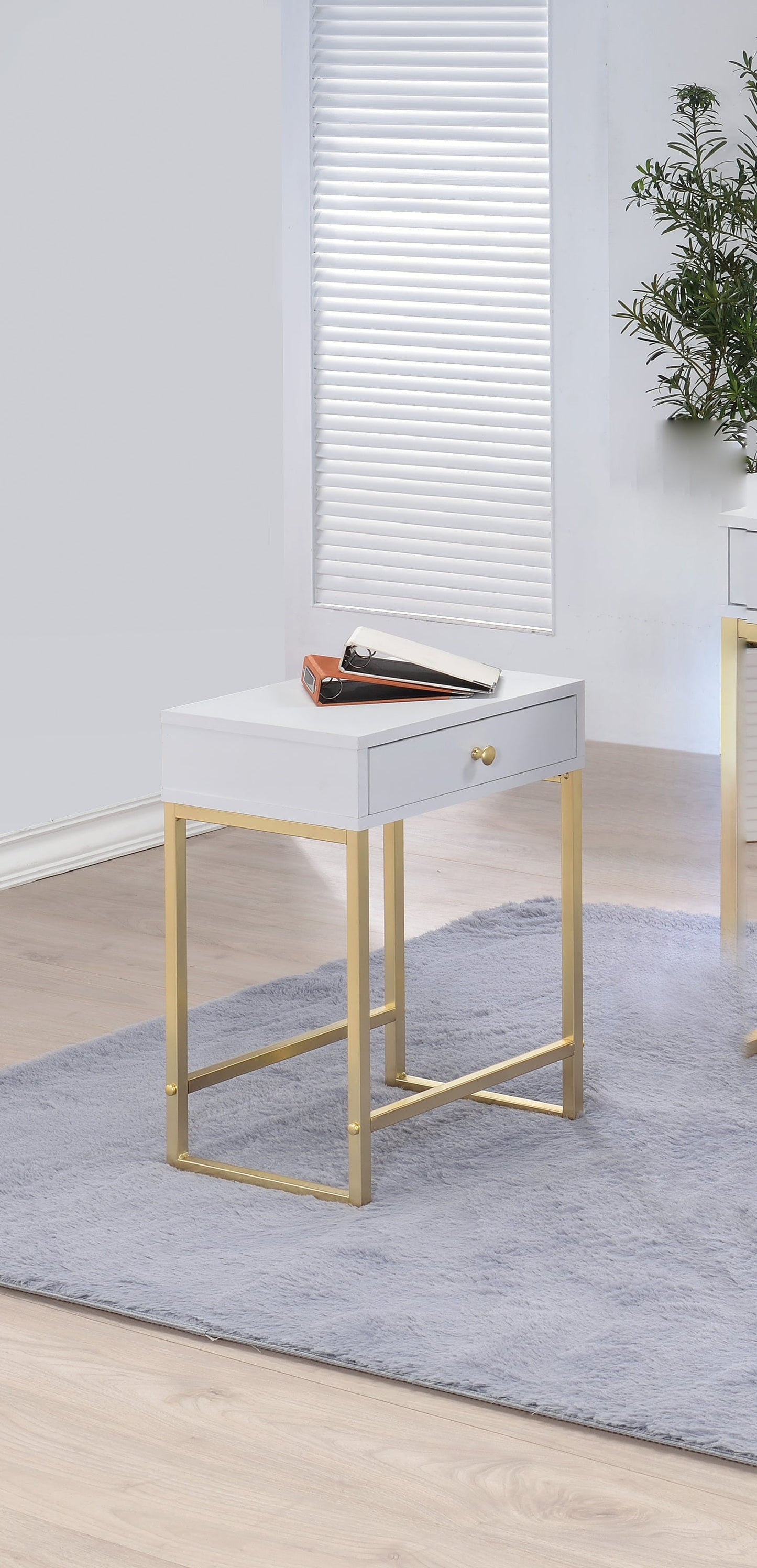 Coleen White & Brass Finish Accent Table with Drawer