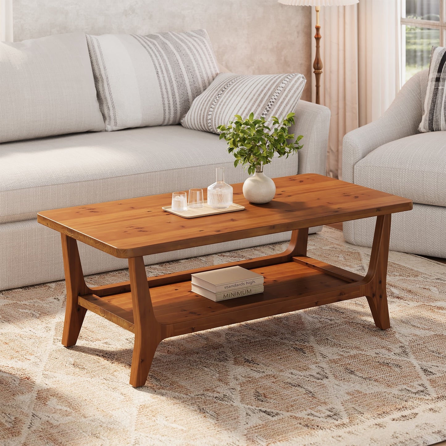 47 Solid Wood Coffee Table with Open Storage Shelf MidCentury Rectangle Center Table