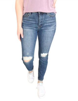 Judy Blue - Calça skinny com controle de barriga de cintura média e desgastada