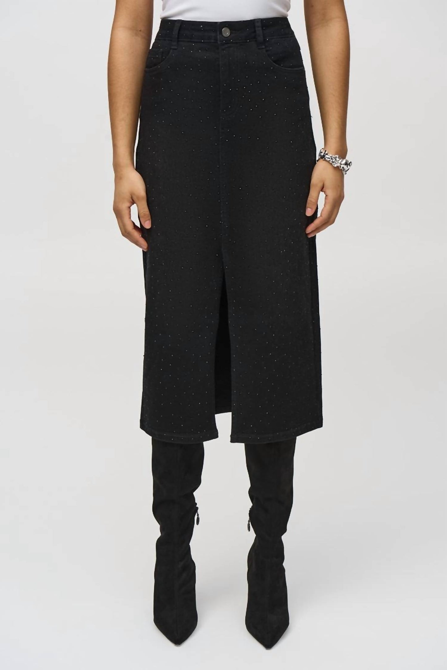 Joseph Ribkoff - Classic Denim Pencil Skirt W/ Rhinestones
