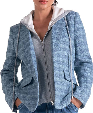 Elan - Blazer xadrez com capuz e manga comprida em camadas