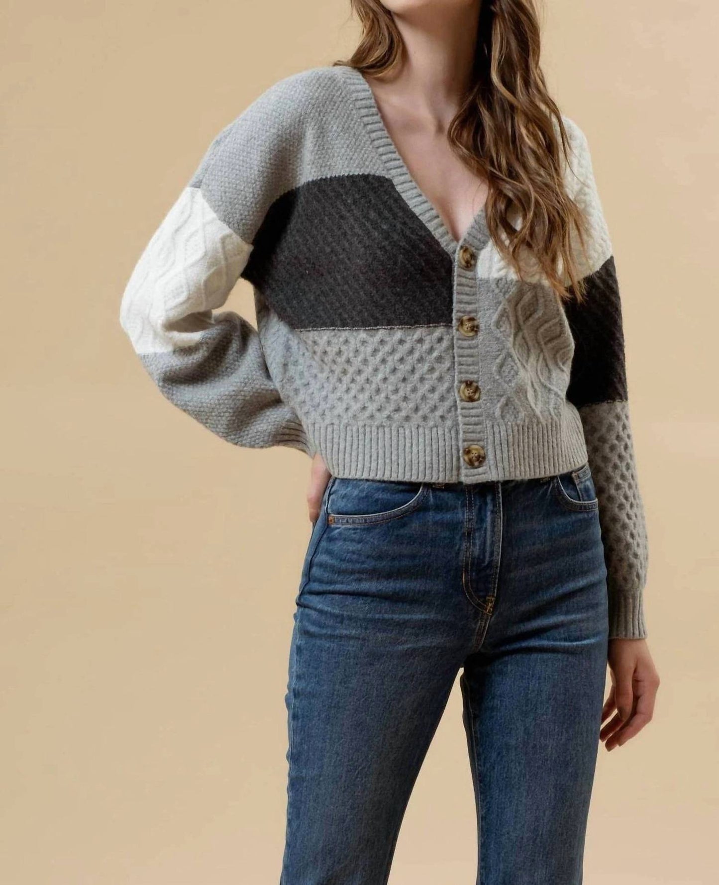 Blu Pepper - V-neck Patchwork Cable Knit Cardigan