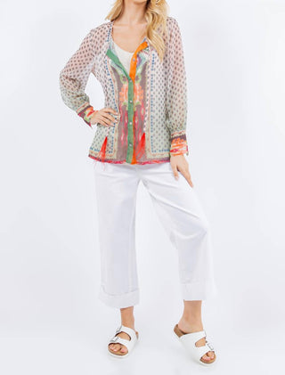 Paparazzi - Blusa transparente com botões frontais em ikat - Sem forro