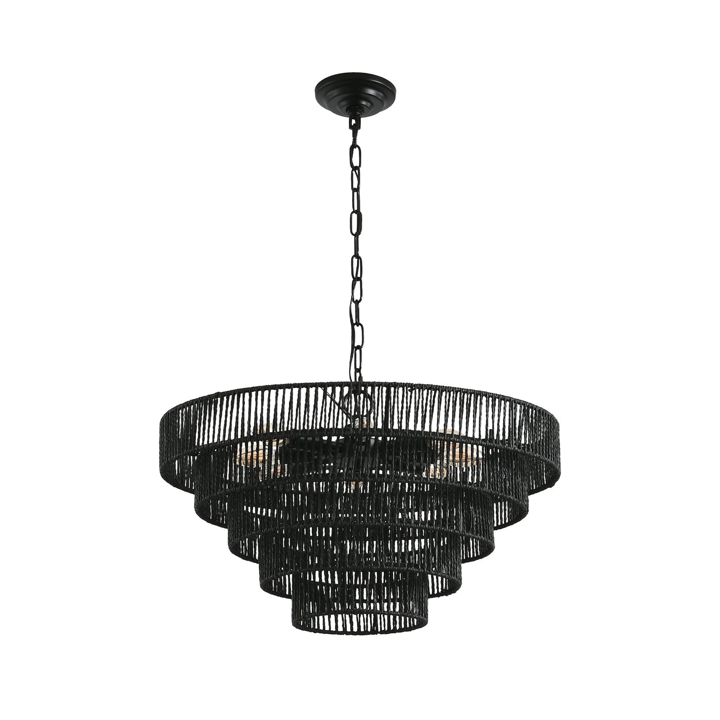 24" Rustic 5-Tier Black Hemp Rope Pendant Light Chandelier