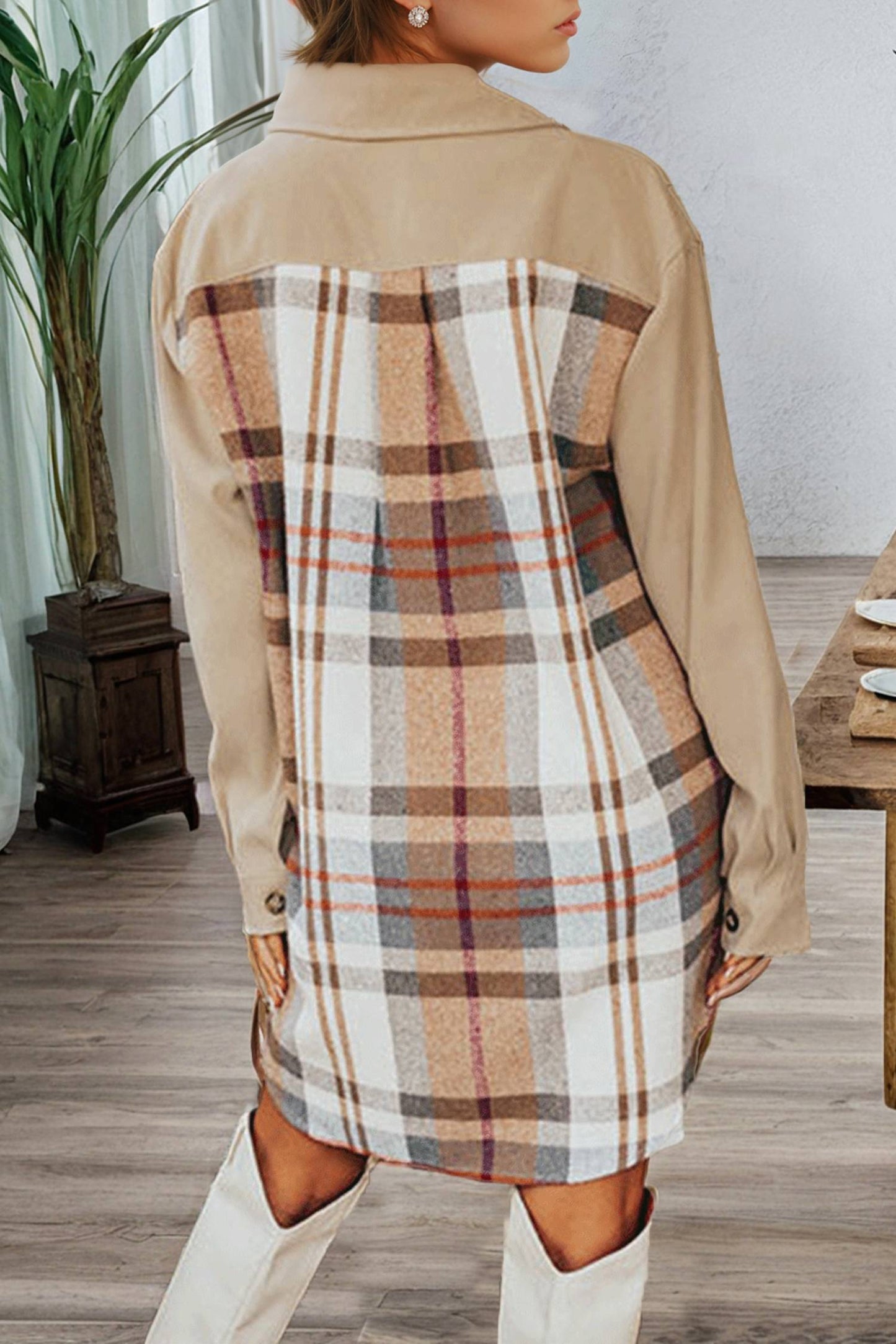 1 The Woman - plaid patch work long sleeve shirt mini fall dress