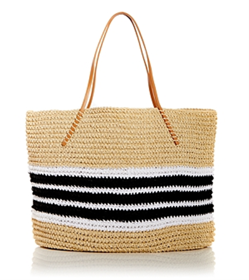 Bolsa tote feminina Aqua Trio listrada de palha natural