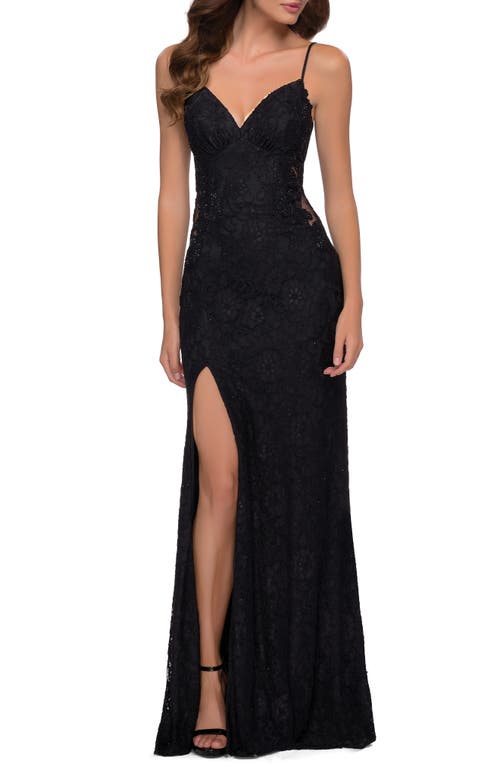 La Femme Sparkle Stretch Lace Open Back Sheath Gown in Black, Size 6