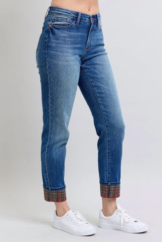 Judy Blue - Calça Jeans Boyfriend com Punho e Estampa Xadrez