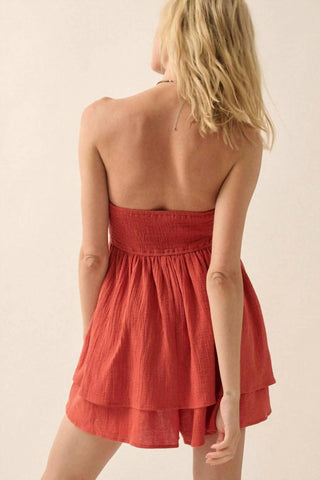 Promesa - Macacão Babydoll de Algodão Amassado com Acabamento em Renda de Crochê