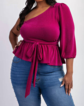 The Curve La - Plus Size One Shoulder Peplum Top With Tie