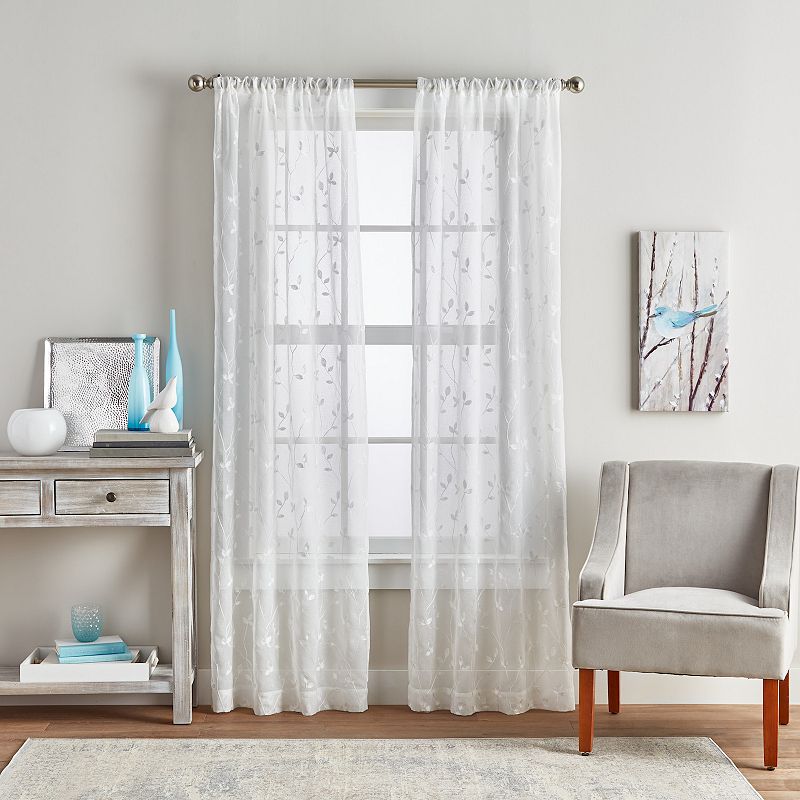 Botanical Embroidery Sheer Rod Pocket Curtain Panel Pair  White Set of 2 37 x 84 inches