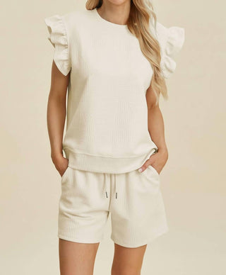 Double Take - Conjunto de blusa e short com mangas franzidas