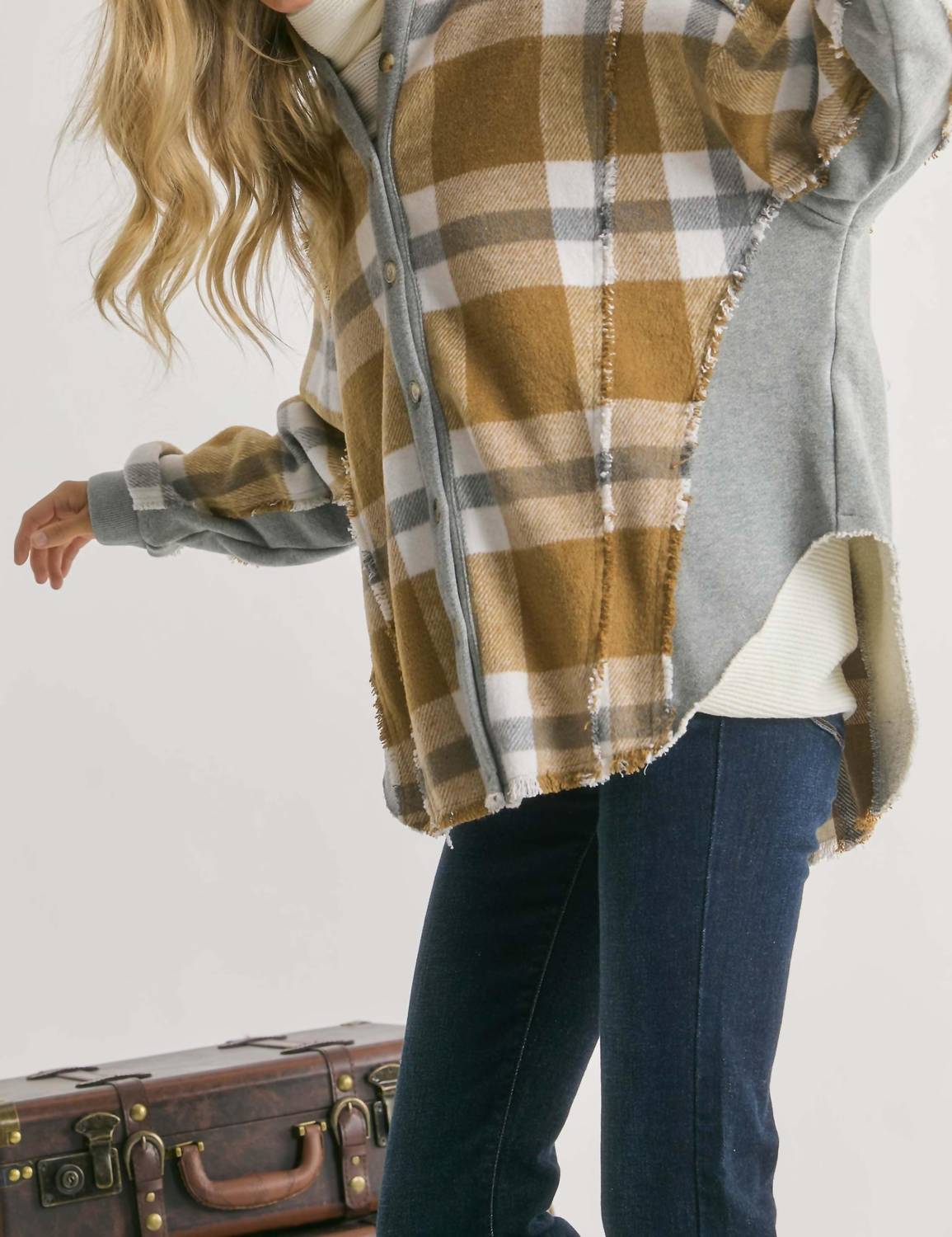Davi & Dani - Mixed Plaid Button Front Jacket
