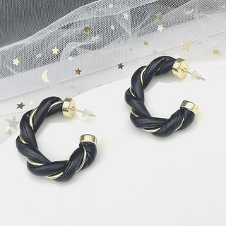 Gold-Plated Twisted Leather Hoop Earrings with Gift Pouch
