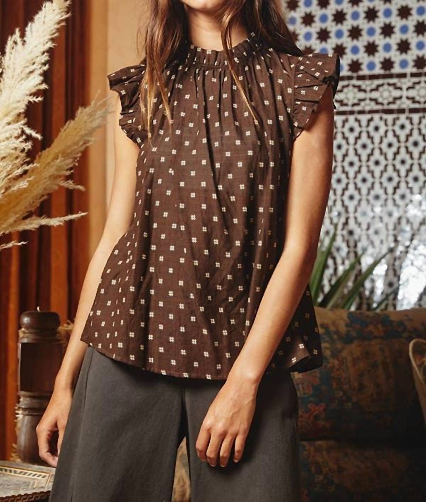 Bucketlist - Pretty Ruffle Neck And Shoulder Blouse