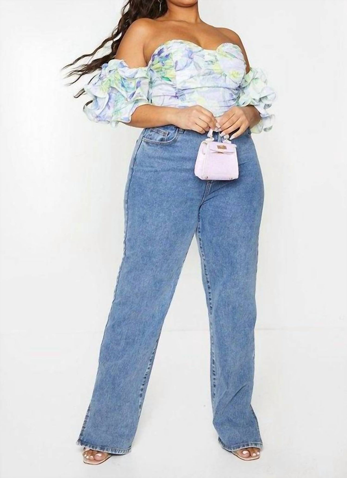 Prettylittlething - Plus Floral Ruffle Puff Sleve Bardot Crop Top