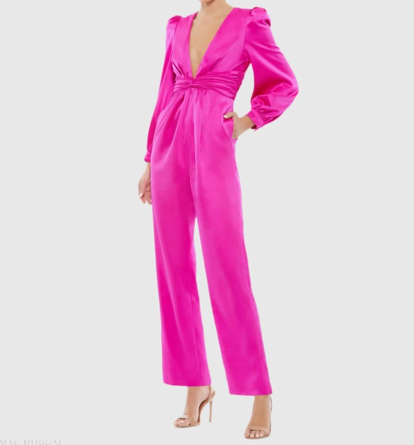 Mac Duggal - Front Twist Puff Sleeve Deep V Jumpsuit
