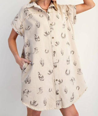 Easel - Western Printed Washed Twill Shirt Dress