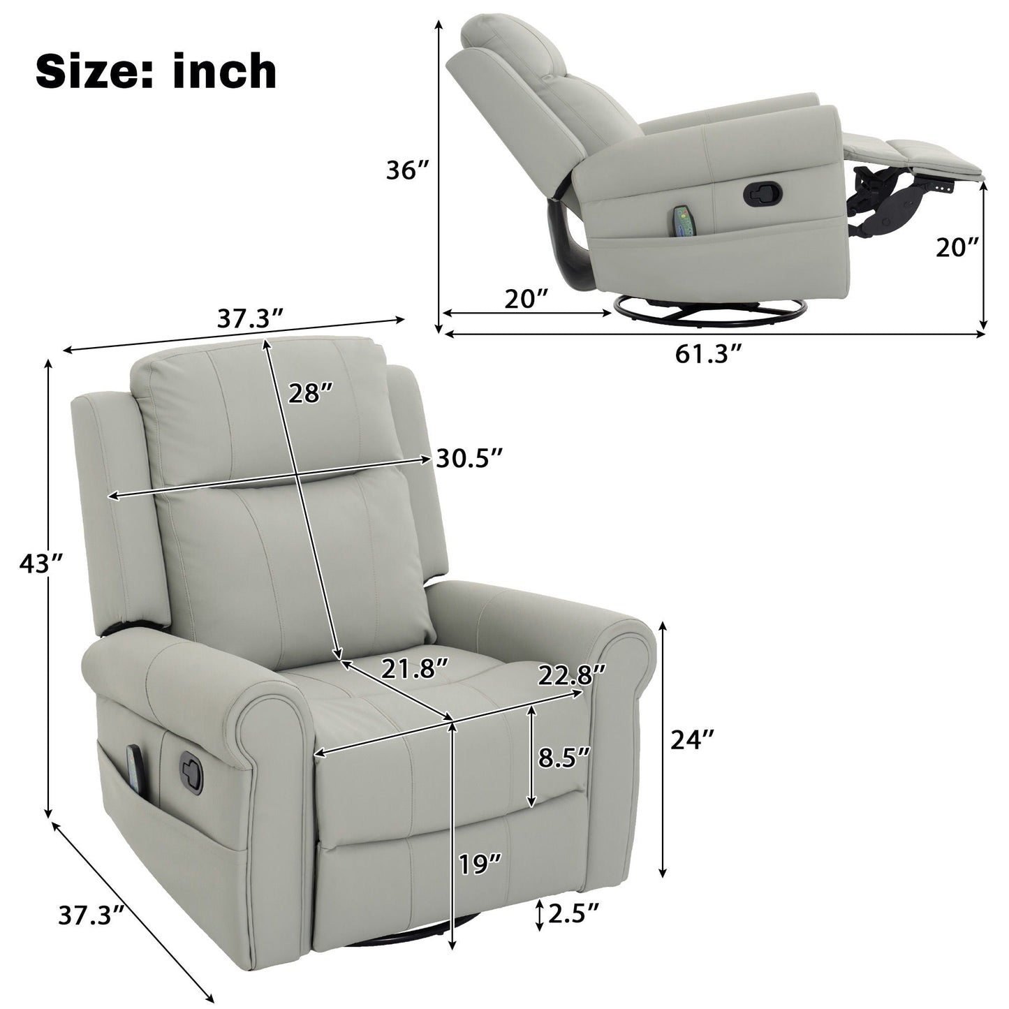 Manual Recliner Chair with 270° Swivel, Massage & Heating