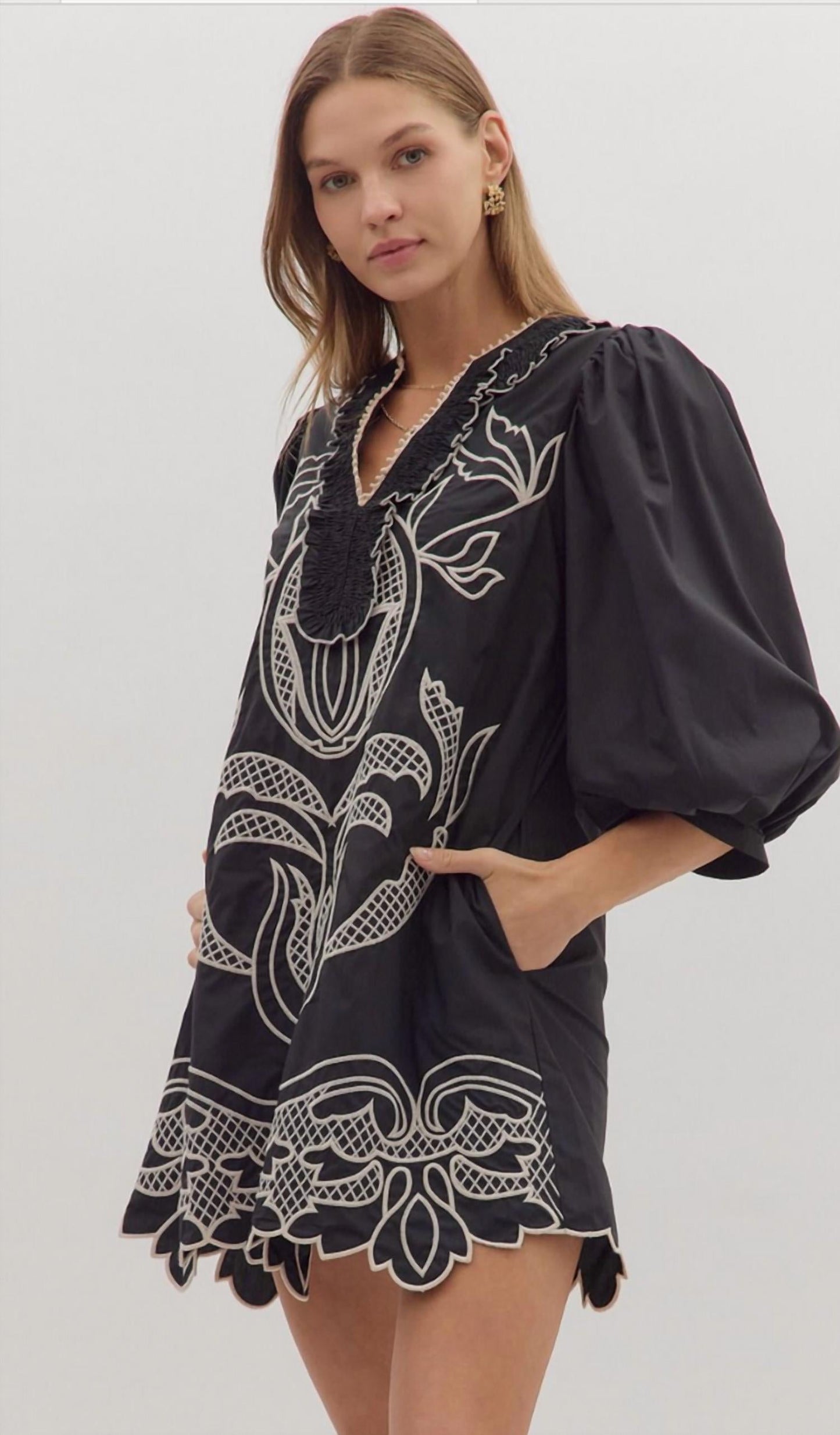 Entro - Puff Sleeve Embroidered Scallop Hem Dress