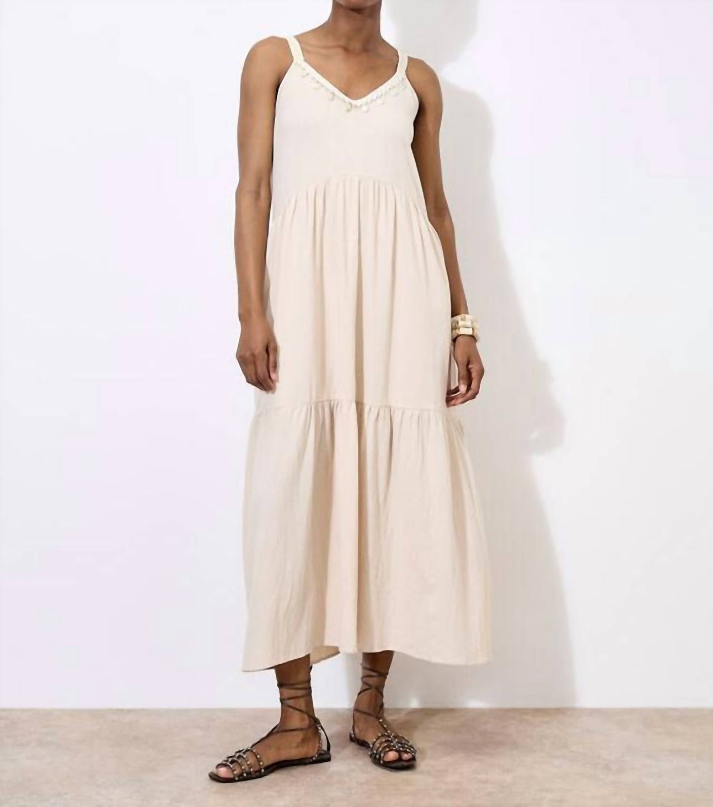 Apricot - Bead Embellished Tiered Midi-dress