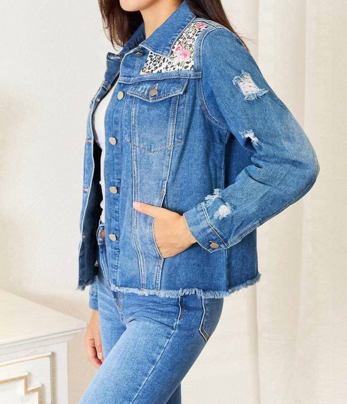 Double Take - Leopard Floral Distressed Jacket