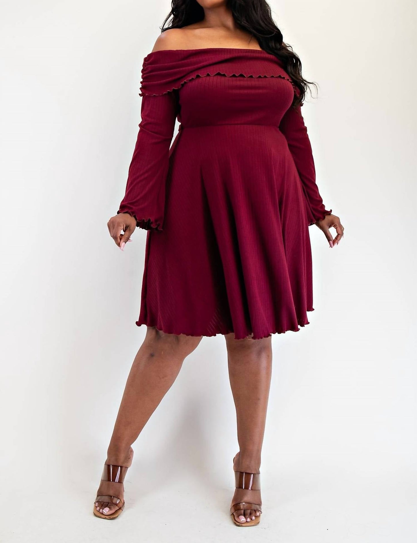 The Curve La - Plus Size Ribbed Knit Off Shoulder Knit Short Dress