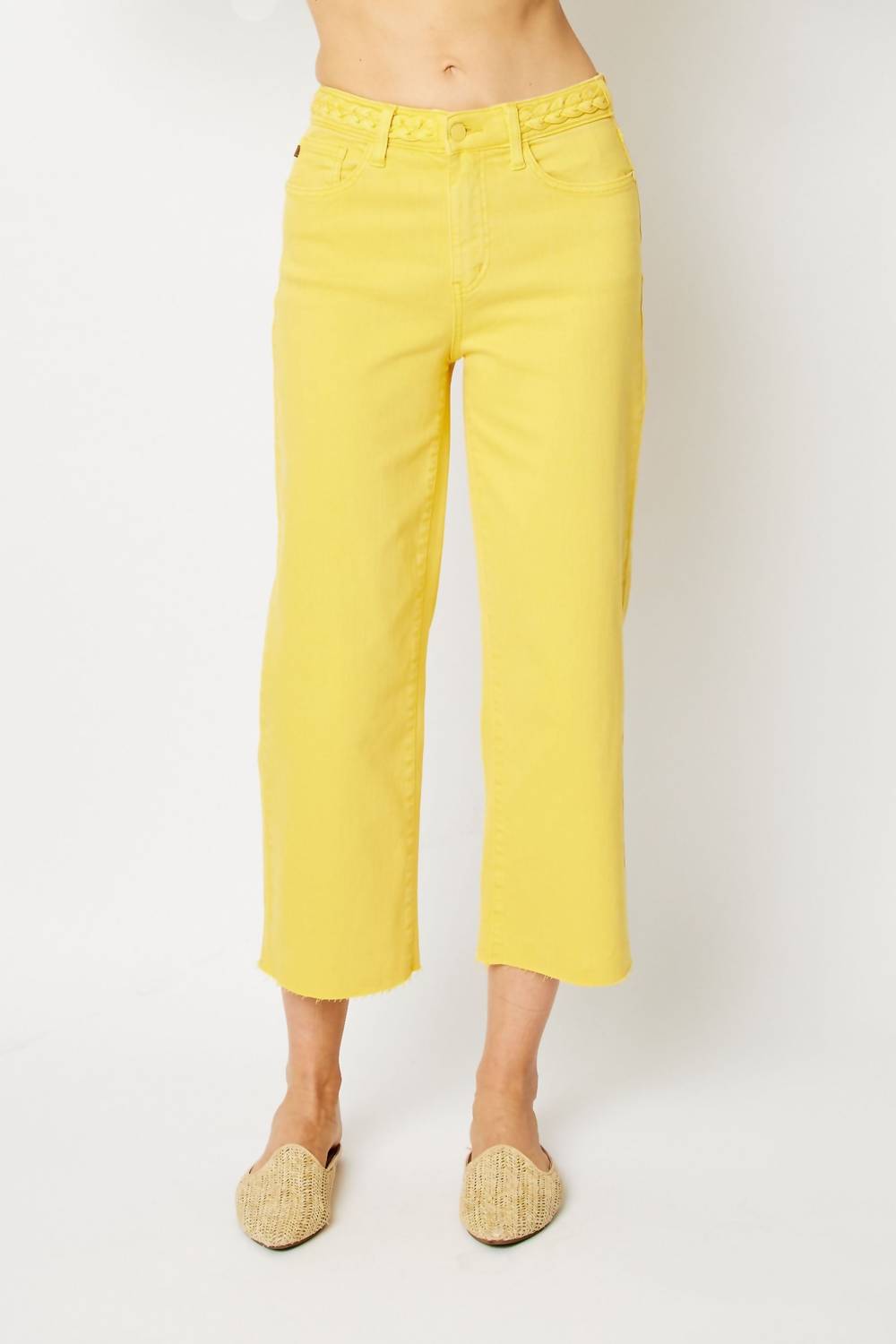 Judy Blue - High Waist Braided Waistband Wide Leg Crop Denim Jeans