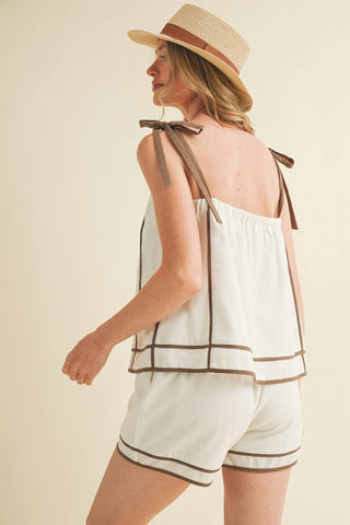 &Merci - Haley Contrast Piping Tie Shoulder Top And Shorts Set