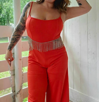 Blue B - Rhinestone Fringe Cut Out Side Open Back Jumpsuit
