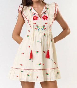 Lalavon - Ruffle Sleeve Embroidered Mini Dress