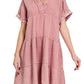 Zenana - Washed Double Gauze Raw Edge V-neck Dress