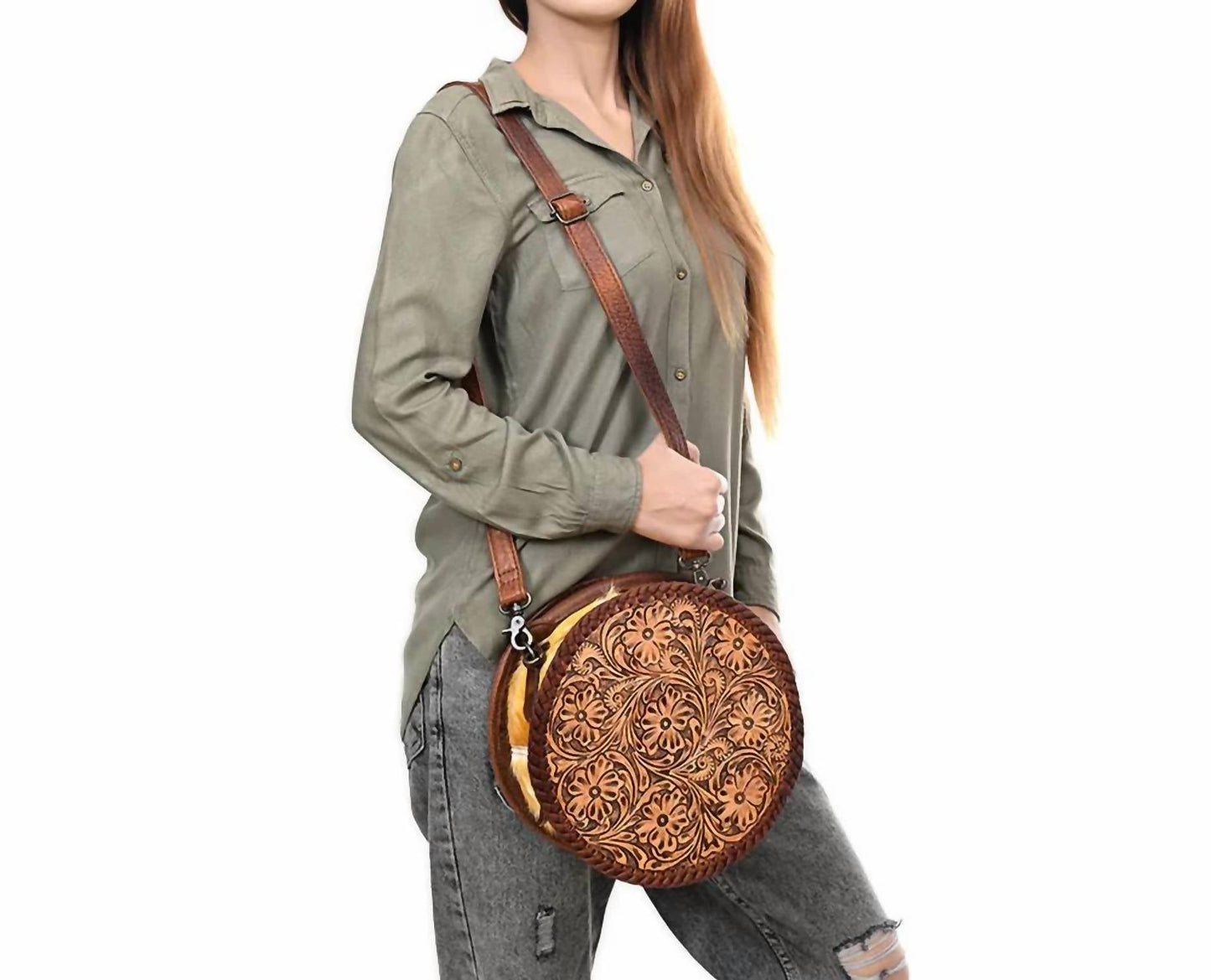 American Darling - Women's Canteen Hand Tooled Genuine Leather Western Bag