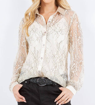 Paparazzi - Camisa de renda transparente de manga comprida - Sem forro