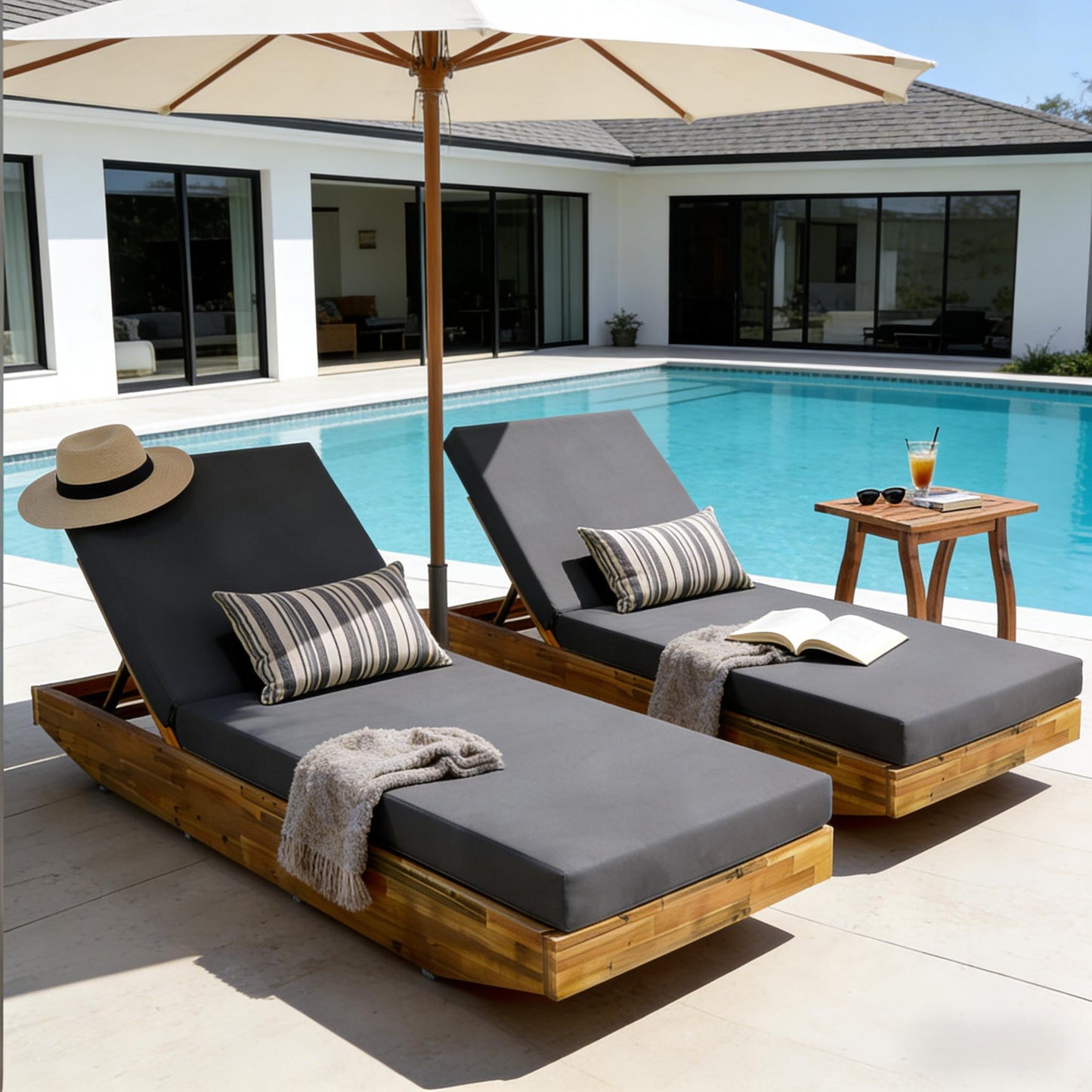 Acacia Wood Chaise Lounge with Cushion - Teak Finish