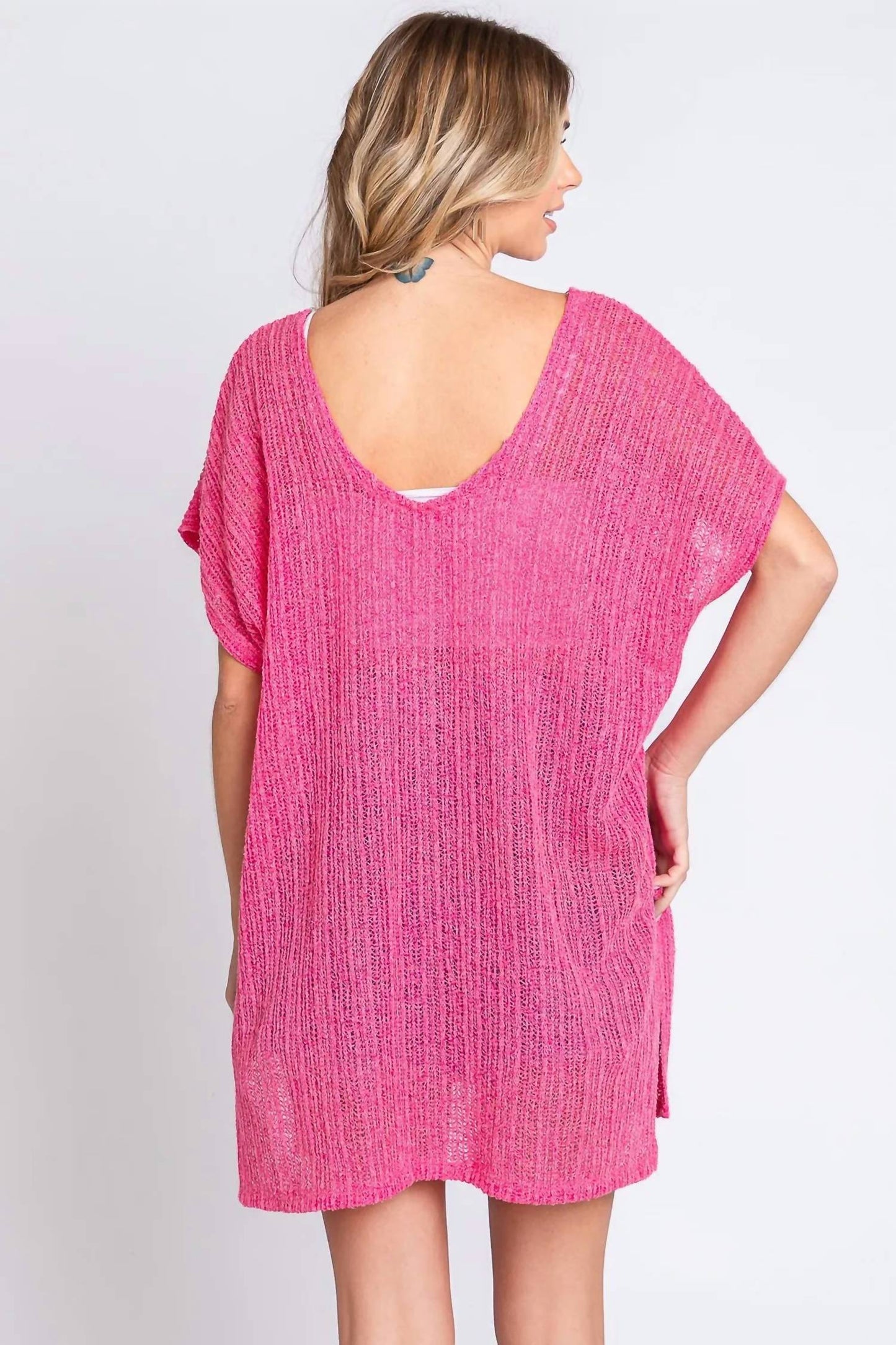 Trendsi - GeeGee Short Sleeve Side Slit Knit Cover Up Dress