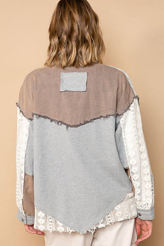 Pol - Oversized Contrast Lace Crochet Collared Button Down Shirt