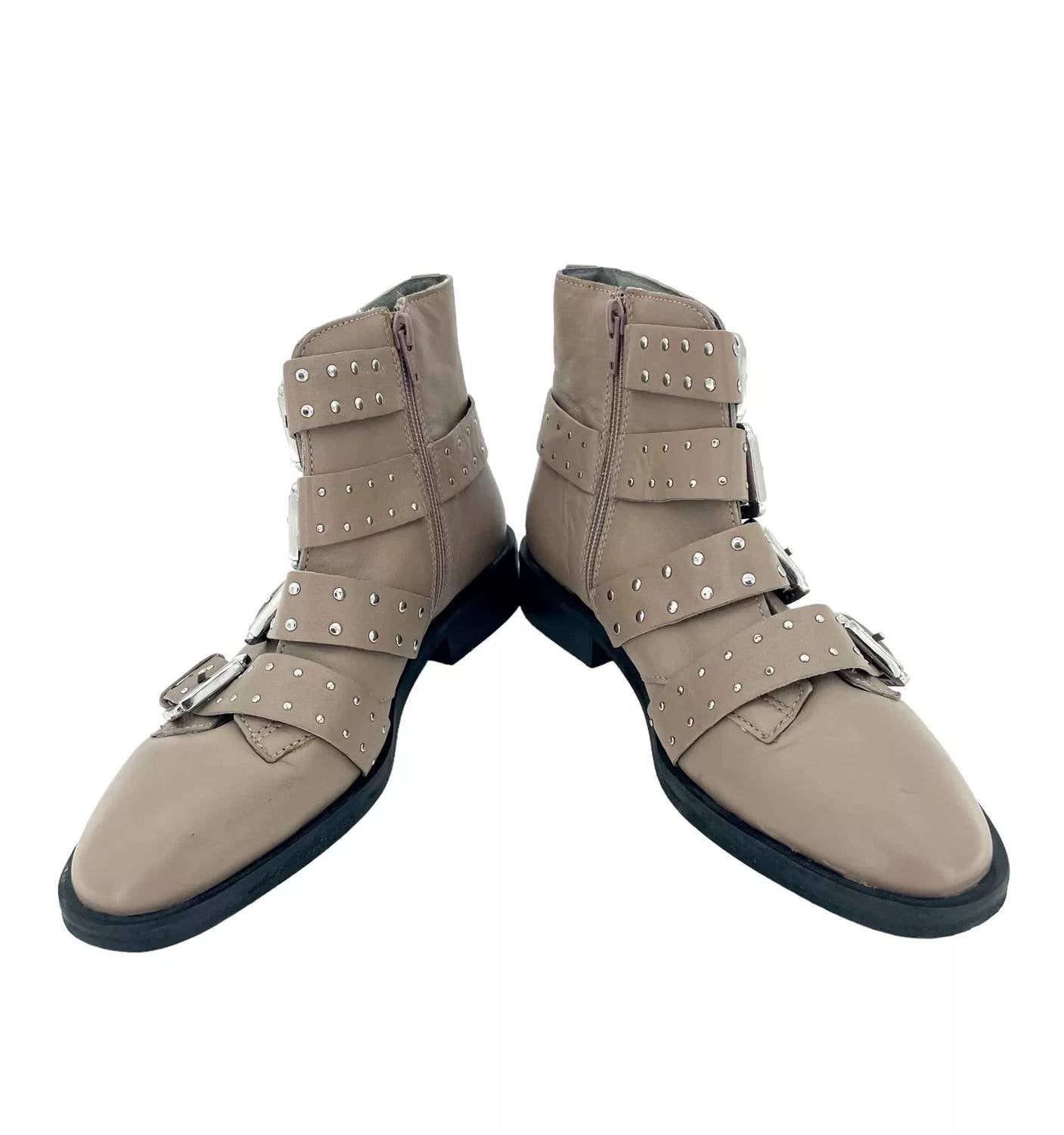Topshop - Paige Nude Leather Studded Buckle Straps Ankle Boots