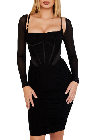 Freyja Satin Ruched Long Sleeve Bodycon Dress - Black