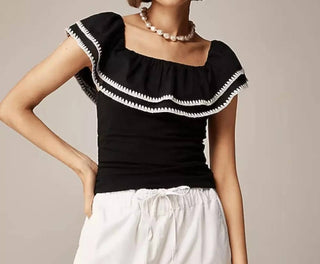 J.Crew - Blusa ombro a ombro com babados em mistura de algodão elástico