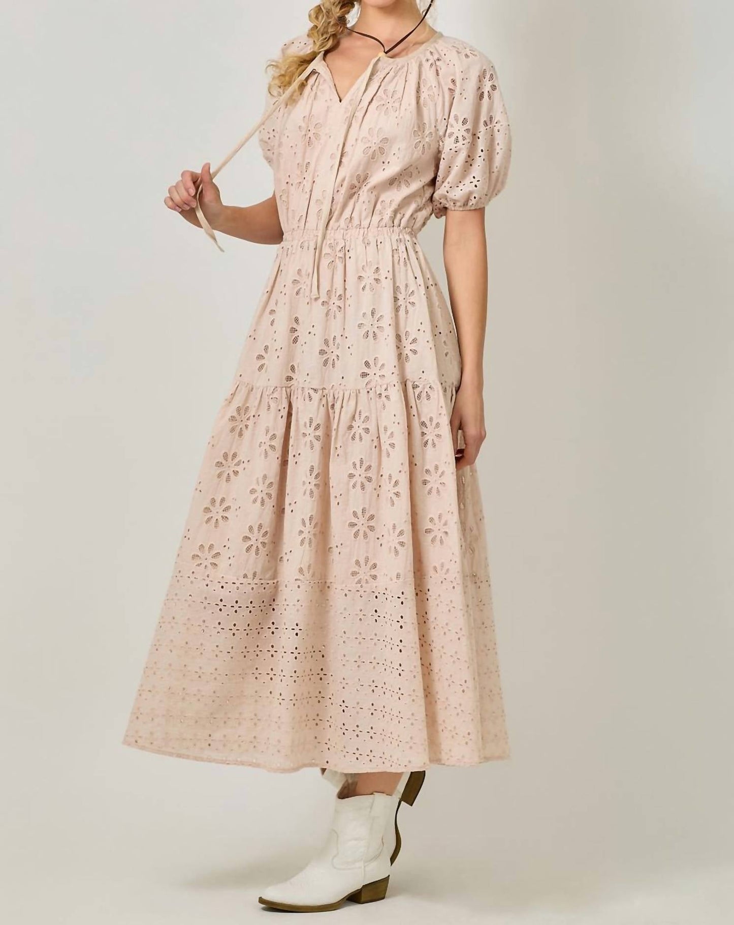 Mystree - Puff Sleeve Tiered Eyelet Dress