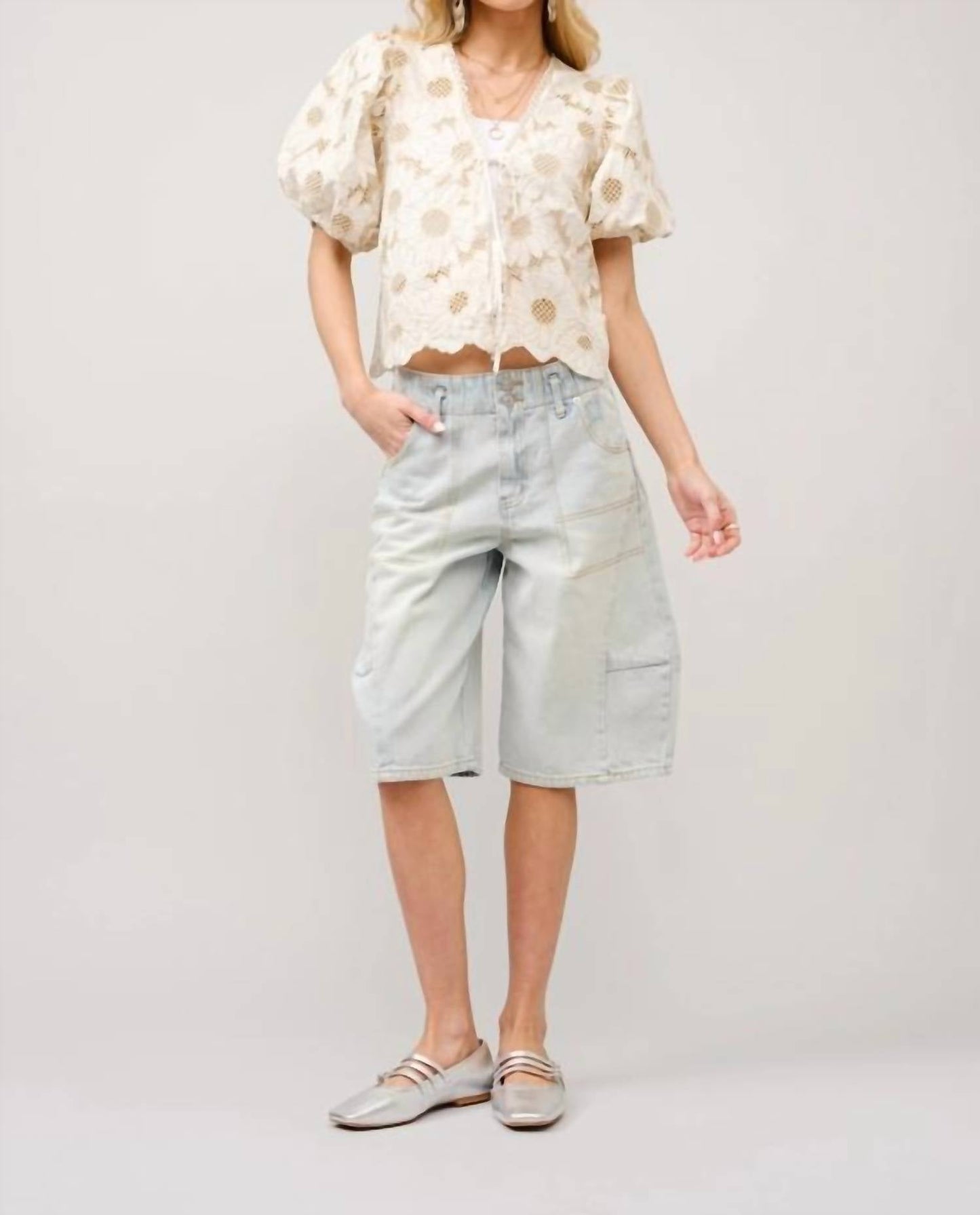 Blue B - METALLIC EMBROIDERED TIE FRONT SCALLOP HEM TOP