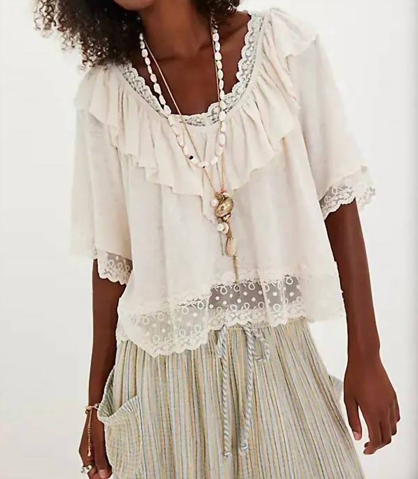Free People - Lulu Knit Billowy Ruffle Lace Trim V-neck Top