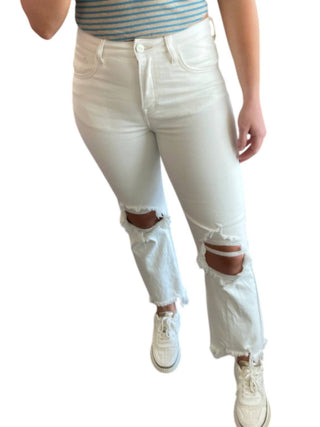 Risen - Calça Jeans Reta Desgastada de Cintura Alta